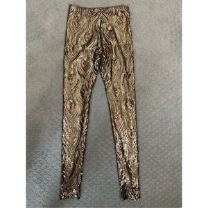 Gianni Bini Gold Sequin Peacock Feather Pattern Leggings Size XS Rose Gold Party
